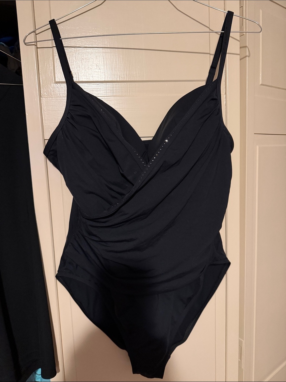 Black One-Piece Swimsuit with V-Neck Draping and rhinestone trim 16 -18